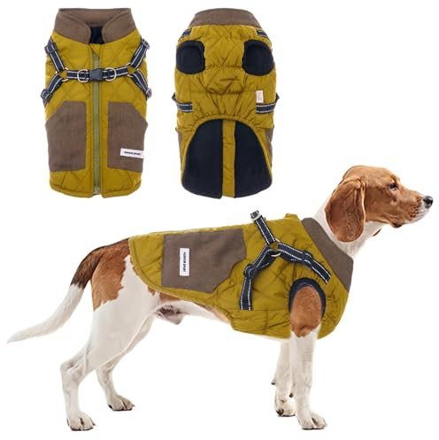 TOPSOSO Hundejacke Hundemantel mit Geschirr und Taschen Hundejacke Winterweste Reißverschluss Reflektierenden Streifen Doppel-D-Ring Hundeweste Mode Patchwork Hundejacke Mittlere Hunde(Senfgrün XL)