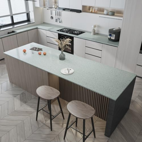 VaryFloral Light Green Granite Marble Self Adhesive Wallpaper 30cmx300cm Contact Paper Thickened Texture Vintage Stick on Wallpaper Matte Terrazzo Granite Vinyl Wrap for Furniture Cabinet Drawer Room
