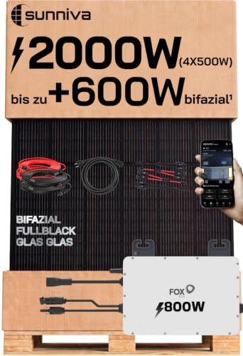 SUNNIVA 2000W Balkonkraftwerk BIFAZIAL FULLBLACK komplett Steckdose FOX ESS 800W Wechselrichter, PV Solaranlage, 4x 500W Glas Solarmodule, inkl. 5m Kabel, Bluetooth WIFI, Komplettset