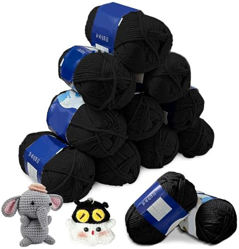 Hengrongshen Wolle zum Häkeln Schwarz, 12 x 50g Häkelgarn, Babywolle zum Stricken Weich, Häkelwolle Baumwolle für Häkeln Stricken und Handwerk, Crochet Yarn für Mützen, Schals, Socken und DIY