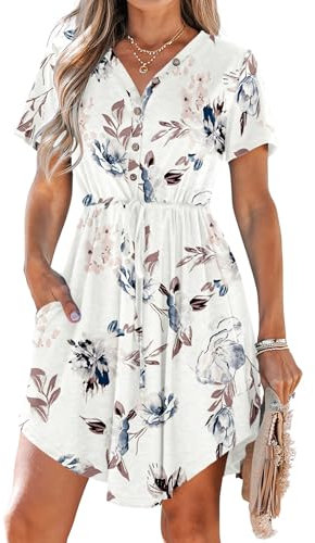 AUSELILY Summer Dresses for Women UK Casual V Neck Short Sleeve Drawstring Midi Dresses with Pockets White Flowers S