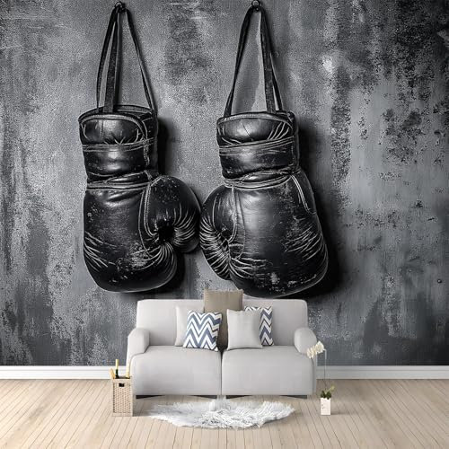 Papier Peint Intissé Gants De Boxe Vintage Gris 350x256 cm Papier Peint Panoramique Moderne, Papier Peint Mural Photo pour Salon, Chambre, Décor Fond TV