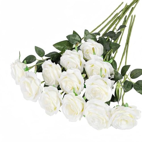 12 Pcs Artificial White Roses with Stems,Artificial Roses Fake Silk Flowers | Elegant Home Ornament, Realistic Appearance, DIY Table Centerpiece, Party Wedding Ornament, Reusable Artificial Flowers