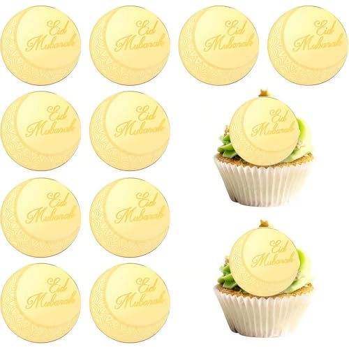 Qaziuy Eid Mubarak Cupcake Toppers, 10pcs Gold Acrylic, Eid Cake Toppers