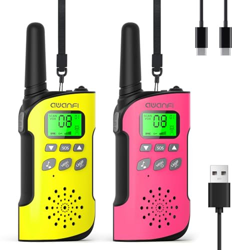 AWANFI Walkie Talkie para Niños, 3-12 Años, Walkie Talkies Recargable con Batería Li-Ion, VOX, Función SOS y Linterna, Larga Alcance, Walkie Talkies para Acampar, Aventuras, Regalos