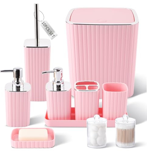 XLHOMO Pink Bathroom Accessories Set - Gorgeous Bathroom Set, 10PC Bathroom Accessory Set, Toilet Brush, Trash Can, Qtip Holder & Soap Dispenser