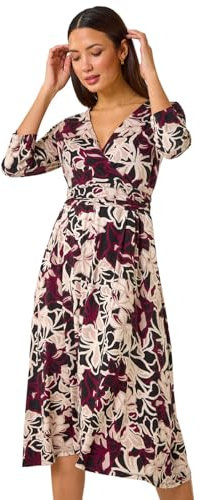 Roman Originals Fit and Flare Dress for Women Ladies Chest Twist Knot Ruched Tea Skater Empire Waist Wedding Guest Smart Casual Swing Midi 3/4 Long Sleeve Knee Length - Noir Wine - Size 10