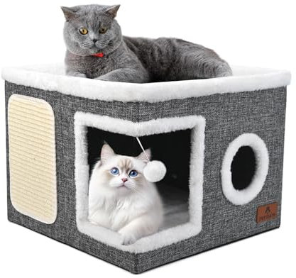 Cat House for Indoor Cats, Large Cat Cave Bed with Scratch Pad and Fluffy Ball, Foldable Cat Hideaway, Cat Bed with Reversible Cushion for Multi Small Pet 41D x 41W x 32H cm, Grey