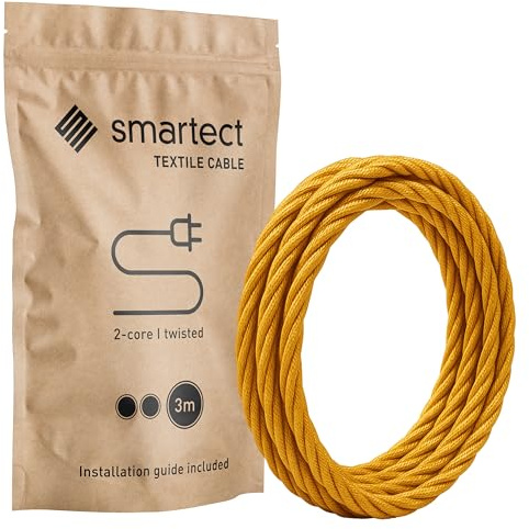 smartect Braided Cable twisted, Gold, 3 Metres 2 Core Electrical Cable (2 x 0.75mm²) Vintage Fabric Electrical Wire for your DIY project