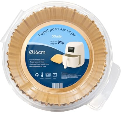 Raylu Paper – Papel Freidora de Aire, 50ud de Papel Air Fryer Redondo de 16 cm, Forro Desechable Antiadherente, Accesorio para Freidora, Horno y Microondas (16 cm, Redondo)