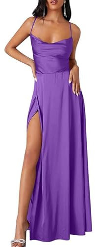 nicticsi Estate Vestiti da Donna Abiti da Tinta Unita in Raso Abito Senza Schienale a U-Collo Sexy Eleganti Dress Senze Manica Vestito da Cocktail Cerimonia A Viola M