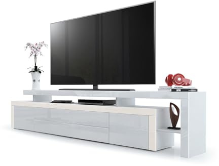 Vladon TV Board Lowboard Leon, Korpus und Überbau in Weiß matt/Front in Weiß Hochglanz mit Rahmen in Creme Hochglanz (227 x 52 x 35 cm)