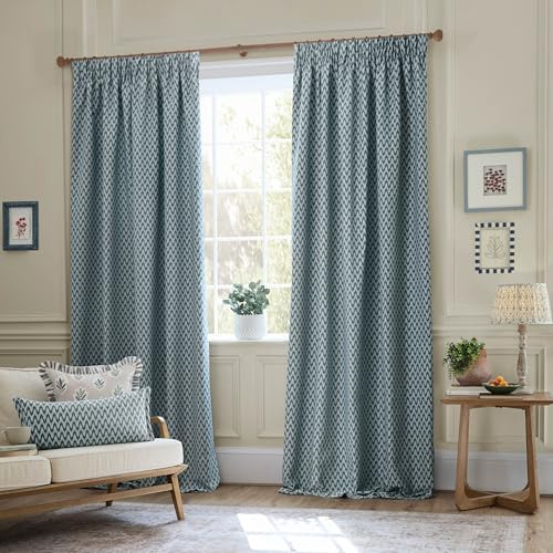 Sanderson Hutton Room Darkening Pencil Pleat Curtain Pair – Ikat Woven Jacquard Lined Drapes (Blue - 229x229cm)