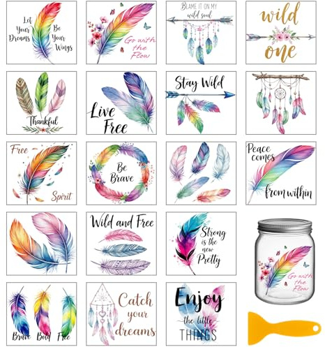 GLOBLELAND 18 Blatt Bunter Feder Transferaufkleber Zum Aufreiben Für Vasen 3.9x3.6 Zoll Inspirierende Worte UV DTF Cup Wraps Abziehbilder Traumfänger Transferaufkleber Für Möbel Glasflaschen Dekore