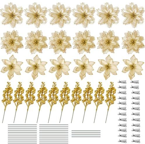34 Stück Weihnachten Glitzer Weihnachtsstern Blumen mit Clips, Kunstblumen | Weihnachtsblumen Dekorieren, Künstliche Beeren Poinsettia Weihnachtsblume Glitzernde für Weihnachtsbaum Dekorationen (Gold)