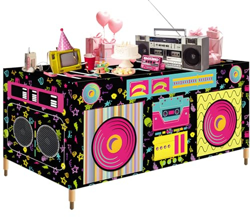 6FT Rechteckige Boombox-Tischdecke im 80er/90er Stil, Retro Radio- und Lautsprecher-Print, waschbare Stoff-Tischabdeckung fur Hip-Hop Geburtstag, DJ Party, Rap Musik Deko und Throwback-Feiern
