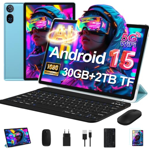 DMOAO Tablet 10 Zoll Android 15 mit Tastatur, Gemini AI, 30GB RAM + 64GB ROM (2TB Erweiterung), 5G WLAN, Widevine L1, Octa-Core, GPS, Face ID, FHD IPS, 6000mAh, USB, Blau