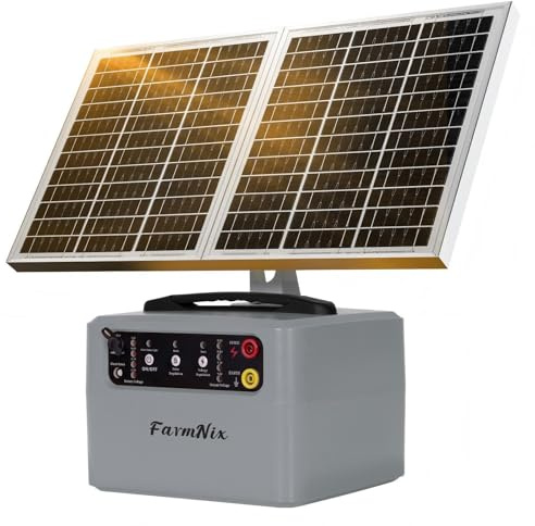 FarmNix Weidezaungerät SOLAR 12V, 0.3J-1.5J, 6KV-12KV Einstellbar | Elektrozaungerät，48KM inkl. 15W-Solarpanel, 12V 7Ah Akku für Geflügel, Vieh, Haustiere (grau)