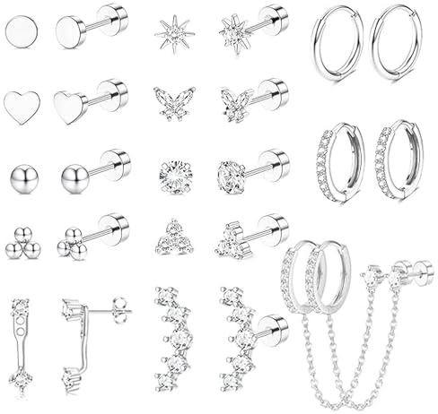 LOFITOR Medizinische Ohrstecker Chirurgenstahl Ohrringe Gold für Damen Set | 316L Hypoallergene Flatback Mit Schraubverschluss Ohrringe Set Stapelbar Creolen Für Helix Tragus Cartilage Ohr Piercing
