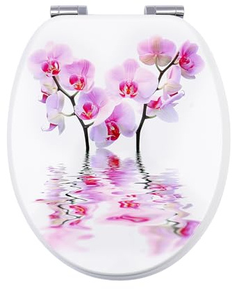Fanmitrk WC Sitz mit Absenkautomatik, Hochwertiger Toilettendeckel Stabil und Wackelt Nicht, MDF Holzkern Klodeckel, Einfache Montage Toilettensitz, viele Schöne Motive (Rosa Orchidee)