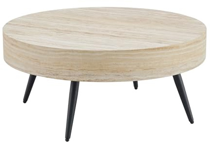 JUFU Couchtisch rund Holz, Wohnzimmertisch mit Metallbeine und Tischplatte aus MDF, Tisch für Wohnzimmer & Schlafzimmer Industriestil (Natur)