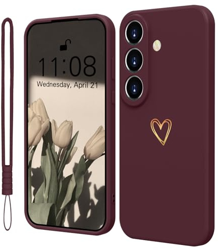 Mitetabo für Handyhülle Samsung Galaxy S24 Hülle Silikon mit Gold Liebesherz, Dünn Gold Love Schutzhülle Slim Kratzfeste Rundumschutz Case für Samsung S24 5G Burgunderrot