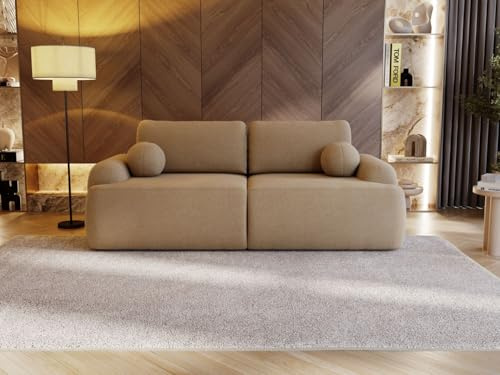 GRAINGOLD Aurio Sofa modern mit Bettfunktion, 260x106 cm, Sofa für Wohnzimmer, Bouclé-Stoff, 2-Sitzer Couch, Sofa mit Bettkasten (Hellbraun)