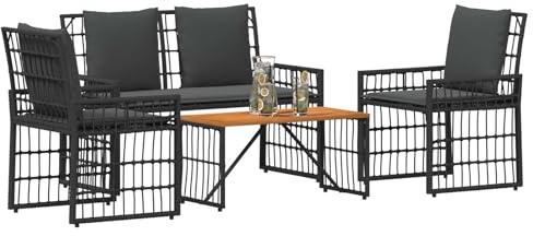 vidaXL Gartenmöbel Set 4 pcs Schwarz und Dunkelgrau, Garten und Terrasse, Rustikaler Außenstil, Wetterbeständiges Lounge-Set, Poly-Rattan-Sitzgelegenheiten, Akazienholz-Tisch, Langlebiges Design