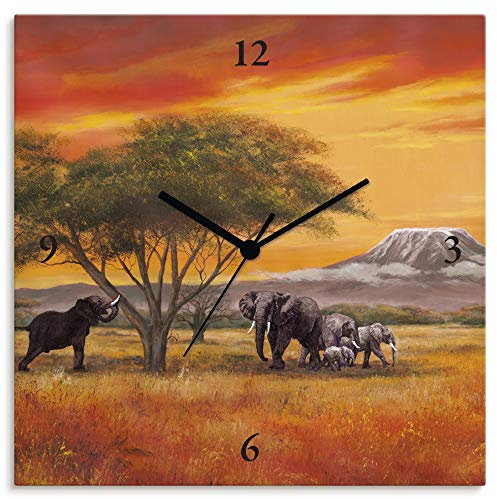 ARTLAND Wanduhr ohne Tickgeräusche Alu Funkuhr 30x30 cm Quadratisch Lautlos Afrika Safari Tiere Elefant Natur Bildmalerei T4EH