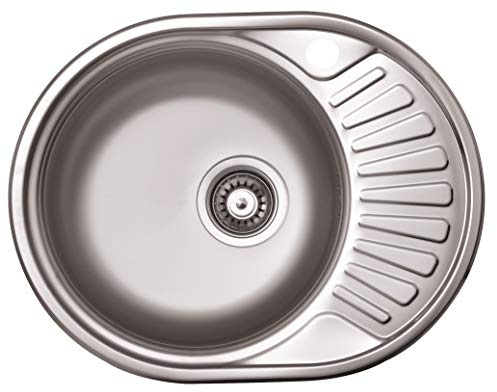 VBChome Einbauspüle 57x44 aus hochwertigem Edelstahl rundes Spülbecken mit Ablagefläche links rechts klassische Küchenspüle modernen Design Seidenglanz (rechts)