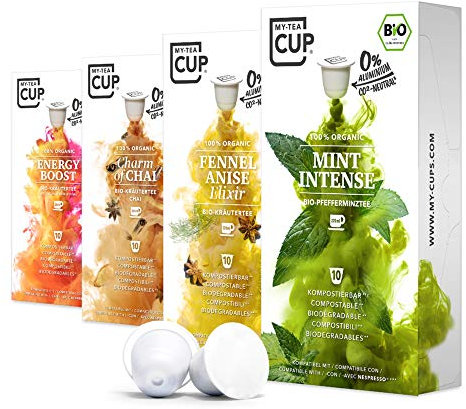 My Tea Cup – VITAL BOX: 4 x 10 KAPSELN BIO-TEE I 4 SORTEN (PFEFFERMINZ & KRÄUTER) für Nespresso®³-Kapselmaschinen I 100% industriell kompostierbar & nachhaltig– 0% Alu…