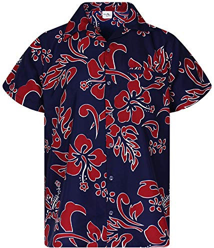 King Kameha Funky-Hawaii-Hemd, Herren, Kurzarm, Hibiscus, Navy-Rot, XS