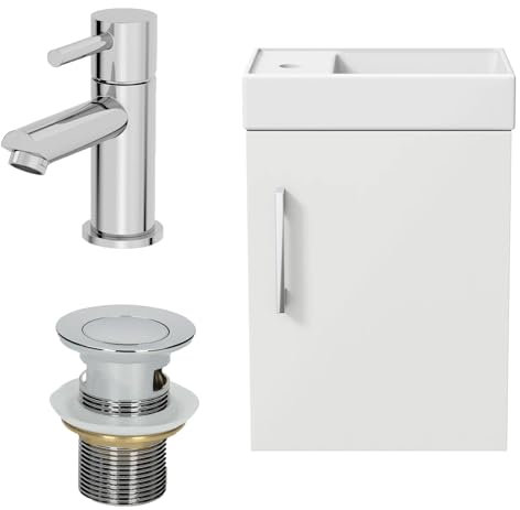AURORA® 400mm Bathroom Vanity Unit Ceramic Wash Sink Wall Hung Storage Cabinet Reversible Soft Close Cupboard & Malmo Basin Mixer Tap & Waste Set, White Gloss