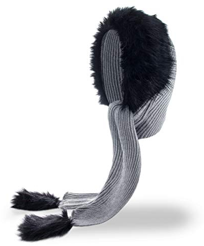 Futrzane Classic Kapuzenschal - Winter Schalmütze Damen - Mützenschal mit Fell (One Size, Grau - Schwarz Classic)