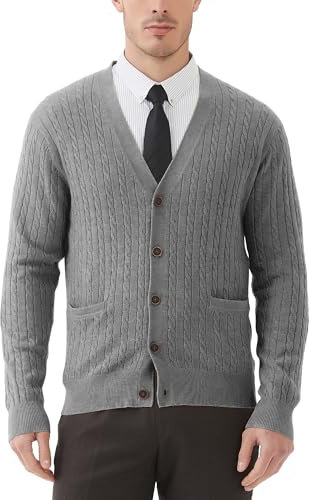 Kallspin Men's Cardigan Sweater Wool Blend V Neck Cable Knit Buttons Cardigan with Pockets(Light Grey, 2X-Large)