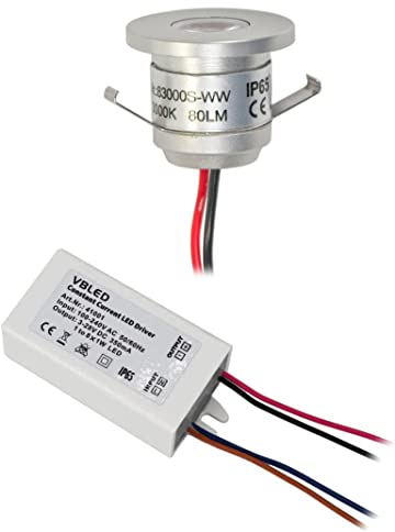 VBLED® LED Aluminium Mini Einbaustrahler IP65 wassergeschützt - 1W 350mA 80lm warmweiß (3000 K) (1er-Set IP65 WW)