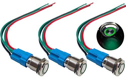 QitinDasen 3Pcs Premium 12V / 24V 3A Interruptor de Botón Momentáneo, 12mm Interruptor de Botón Metálico, LED Verde Interruptor Pulsador Impermeable IP66 con Enchufe de Cable