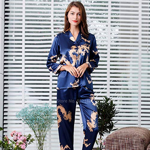 Pyjama Satin Femme,Ensemble De Pyjamas En Satin De Soie Pour Femmes 2Pcs Pantalons À Manches Longues Style Chinois Nouvel An Dragon Print Vêtements De Nuit Hommes Pyjamas Pour Couples Loungewear (B