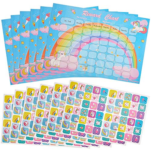 Unicorn Reward Chart Set With 360 Rainbow Stickers - 6 Behaviour Charts for Girls Children Training