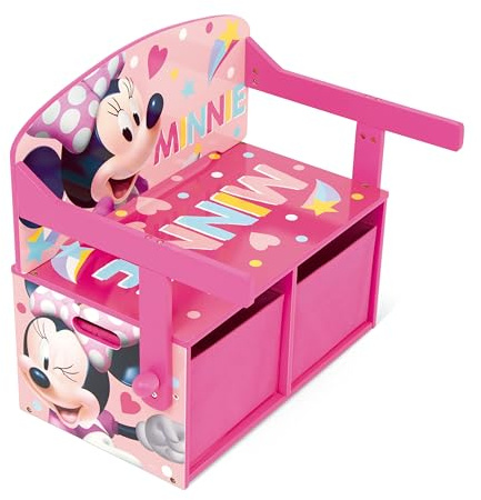 ARDITEX – Kinderschreibtischbank aus Holz, umwandelbar in Schreibtisch mit unterem Stauraum, Minnie Mouse von Disney – 60x47x56 cm – Farbe Rosa und Pink – Ideal für das Kinderzimmer