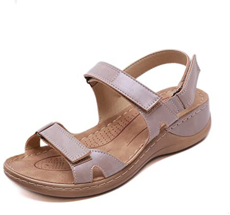 SWZEC Sandales Femme Été Confortable Talon Compensées Nu-Pieds Mode Chaussure Orthopédique Bout Ouverte Casual Cuir PU Grande Taille Claquettes Plats Scratch Plage Vacances Beige 44