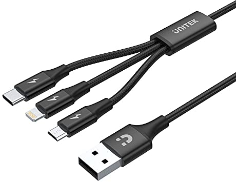 Unitek Premium Multi 3 en 1 USB Cable de carga universal múltiple Micro USB/Tipo C/Lightning 3A 1.2M para iPhone/Android Smartphone - Negro