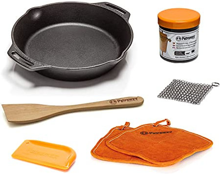 Petromax Feuerpfanne mit 2 Henkeln Profi-Set - Gusseisen-Pfanne für alle Herd- und Grillarten, Gaskocher, Backofen oder Kochen im Freien - mit Pflegepaste, Spachtel, Schaber, Scrub, Topflappen - 25 cm
