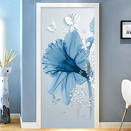 Türtapete Selbstklebend 3D 77X200 Blaue Blumen Türtapete Selbstklebend Türposter Fototapete Türfolie Poster Tapete 3D Türaufkleber Diy Türbild
