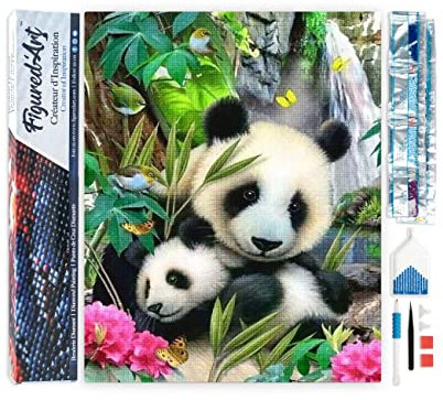 Figured’Art Diamond Painting Broderie Diamant 40x50cm Toile Entière Roulée avec Strass Perles Carrés - Famille de Pandas - Kit Complet Animaux 5D DIY Activité Manuelle Loisirs Créatifs Adultes