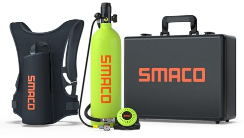 SMACO Bouteille de Plongée Mini Scuba de 2L, Durée de Fonctionnement de 25-30 Mins, Portable Kit de Réservoir de Plongée Cylindre de Plongée pour Divertissement sous-Marin/Travail, Paquet A, Vert