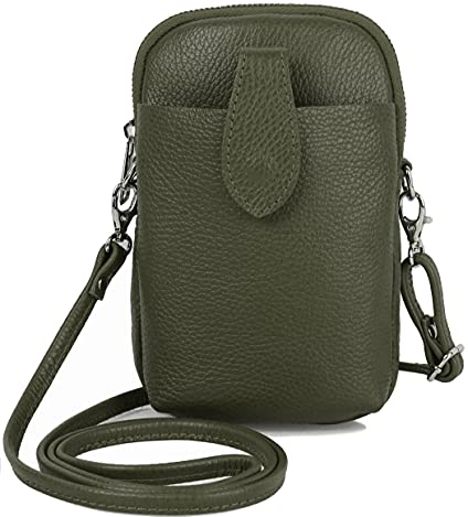 Kleine Damen Leder Umhängetasche, Ital. Handtasche Handy Echtleder, Crossbody Schultertasche für Frauen Mädchen, 0002111070, Tasche Farben:Dunkelgrün