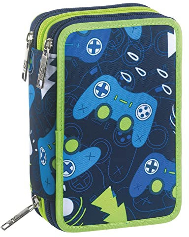 Astuccio Scuola SJ Ever 3 Scomparti - Player Boy Bambino - Completo di Matite, Pennarelli - Blu, Verde