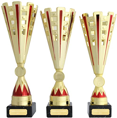 KDS Pokal Trophäe ANOR Gold und rot mit Gravur 3 Größen (Pokal M (27,5 cm hoch))