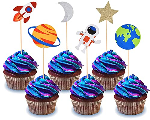 Bymivofun 30 Pezzi Toppers Cupcake Spazio Esterno, Toppers Compleanno Pianeta Glitter, Decorazione Torta Astronauta Razzo, Forniture per Feste a Tema Astronave di Compleanno Bambini Bambini
